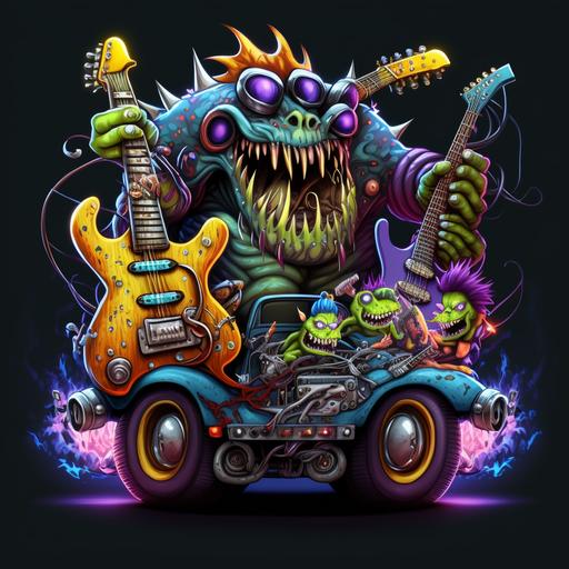 heavy metal cartoon monsters playing electric guitar in a hotrod, colorful