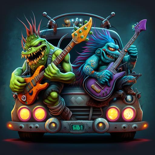 heavy metal cartoon monsters playing electric guitar in a hotrod, colorful, realistic