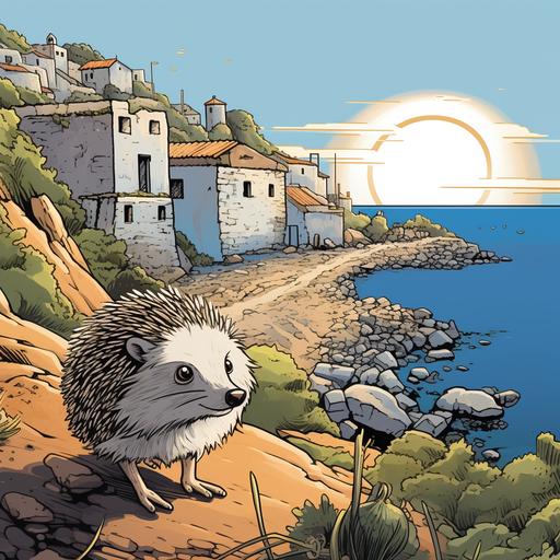 hedgehog cartoon visiting limnos island