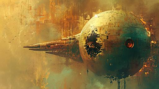 heliocentric dyson sphere generation ship starship, fragile paintings with cracks and partially peeling paint in the style of 60s sci fi matte paintings --ar 16:9 --v 6.0