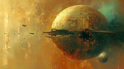 heliocentric dyson sphere generation ship starship, fragile paintings with cracks and partially peeling paint in the style of 60s sci fi matte paintings --ar 16:9 --v 6.0