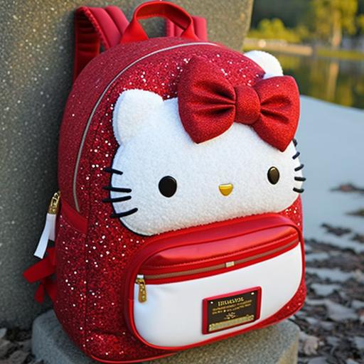 hello kitty backpack, red and white color fabric with hello kitty head as front pocket, kitty head zipper pullers, glitter accents with 2 side zipper pockets, 3d bow using glittered fabric and embroidery logo