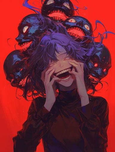 her head is a large head full of other heads, zipper slash mouth grin, human being as a mystic prison for too happy faces , many souls trapped in one head , surreal portrait illustration , magical curses --ar 3:4 --niji 6
