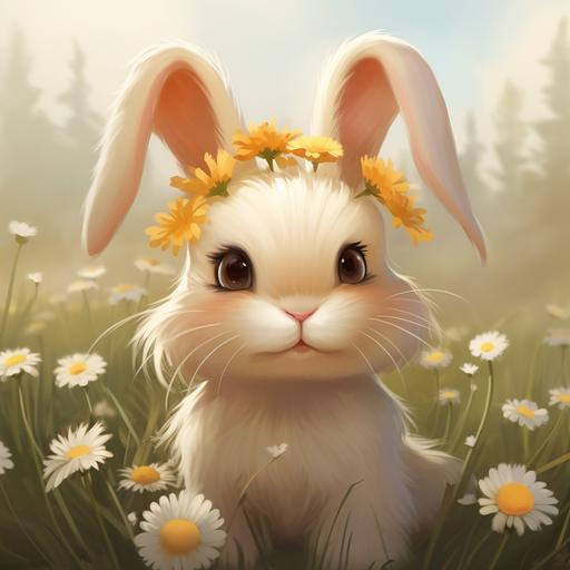 cute pretty bunny wearing a hair band baby carrot daisy flowers around --v 5.2