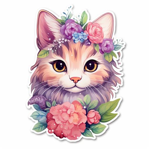 pretty kitty waterclour base wearing hairband flowers sticker look --v 5.2