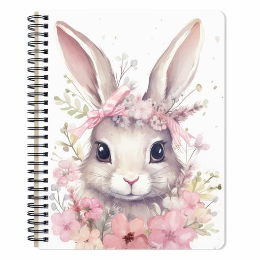 waterclour base pretty pink clour four bunnies good notes planner wearing a hair band peaceful mood daisy flowers around --v 5.2