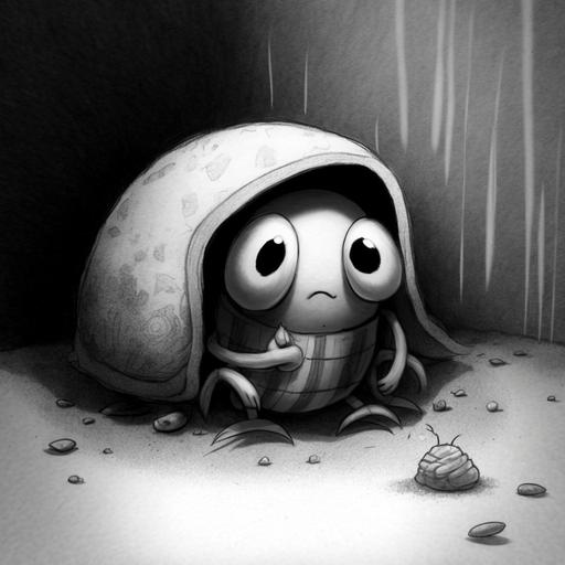 hermit crab, cartoon character, fun, childish, drawing, anime style, pencil drawing