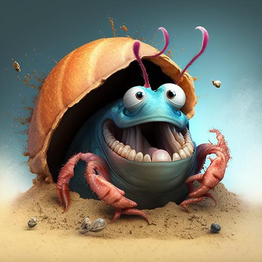 hermit crab, cartoon character, fun, silly
