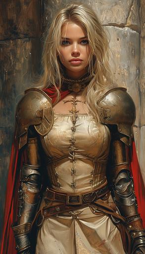 hero, full body view, young beautiful female knight in armor, heavily armed, rich patterned armor, dynamic art, action pose, in the style of bill ward, greg hildebrandt, detailed perfection, womancore, realistic, detailed rendering, comic art, utilitarian --ar 4:7 --s 750 --v 6.0