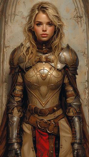 hero, full body view, young beautiful female knight in armor, heavily armed, rich patterned armor, dynamic art, action pose, in the style of bill ward, greg hildebrandt, detailed perfection, womancore, realistic, detailed rendering, comic art, utilitarian --ar 4:7 --s 750 --v 6.0