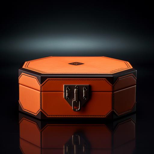 hexagonal wooden classy orange leather detailed, product shot of the box with illumination, elegant box fancy rich packaging
