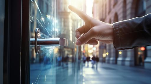 hi-res image of a hand opening a modern glass door. The hand is holding onto the door handle and the door is cracked open. it is bright daylight and there is a busy, urban scene outside. --ar 16:9