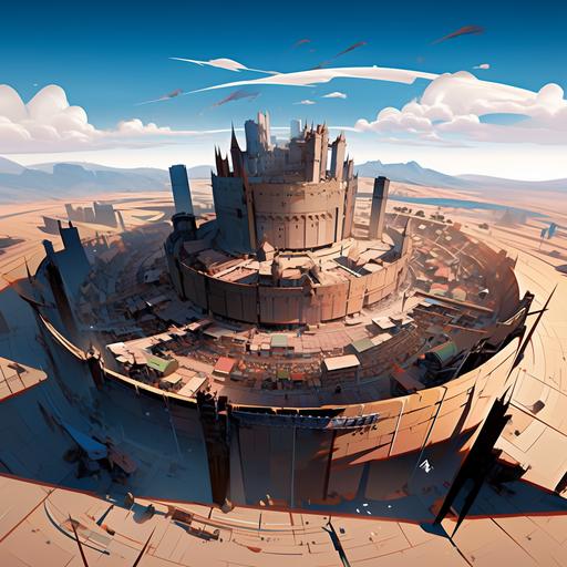 hierarchical city on the dystopian desert, tall wall barrier Horizon Forbidden West, taking from bird eve view, showing the large round wall fortress --niji 5