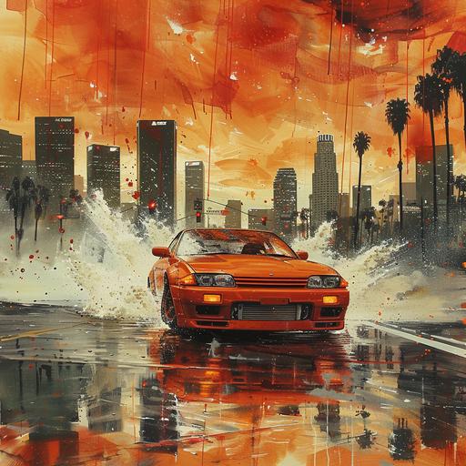 high definition ,silvia s13 with white wall tires, los angeles cityscape, airbrush sketch art t-shirt design --v 6.0 --s 750