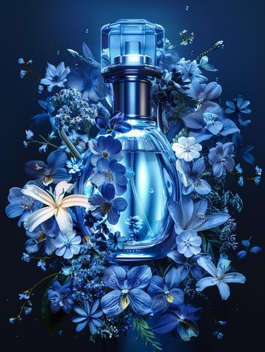 high detail blue perfume bottle of shoe with blue and whilte flowers around in dark blue blackground --s 250 --v 6.0 --ar 3:4