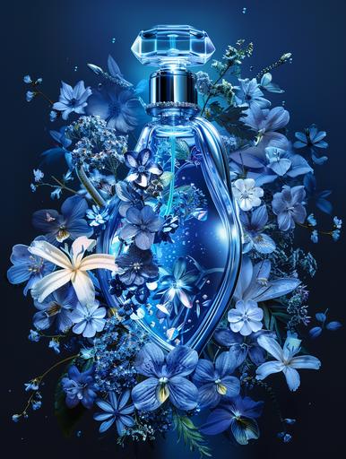 high detail blue perfume bottle of shoe with blue and whilte flowers around in dark blue blackground --ar 3:4 --s 250 --v 6.0