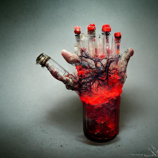 high detailed hand coming out of a grave holding a syringe filled with red liquid