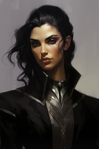 high elf with pointy ears winking , black hair, apprentice mage, fantasy style --ar 2:3