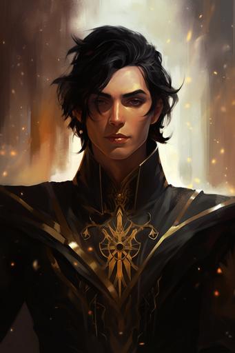 high elf with pointy ears winking , black hair, apprentice mage, fantasy style --ar 2:3