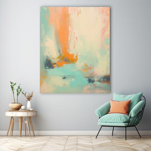 high-end abstract painting that has pastel nature,with colors of green, turquoise and orange, abstract
