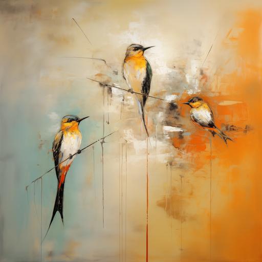 high-end abstract painting that has pastel orange birds, abstract,