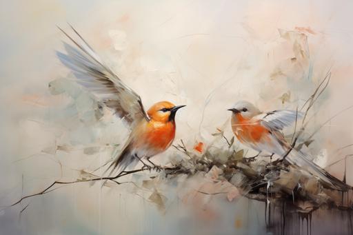 high-end abstract painting that has pastel orange birds, abstract, --ar 3:2