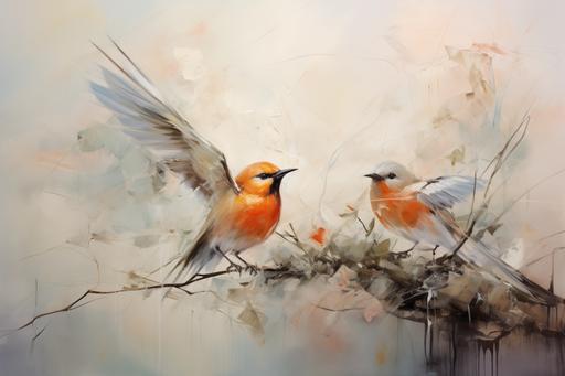 high-end abstract painting that has pastel orange birds, abstract, --ar 3:2