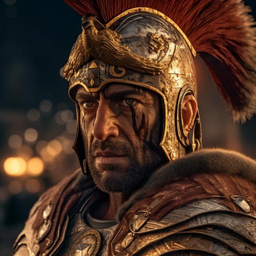 high fidelity, super photo realistic portrait of Human, roman man, middle-aged, general, legatus, warrior, roman armor, Roman Centurion Helmet with Plume, wielding magical glowing golden spear, strong, arrogant, intense confident look at camera, roman columns in background, extremely detailed, 8k, v5