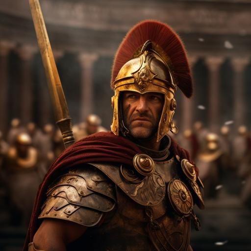 high fidelity, super photo realistic portrait of Human, roman man, middle-aged, general, legatus, warrior, roman armor, Roman Centurion Helmet with Plume, wielding magical glowing golden spear, strong, arrogant, intense confident look at camera, roman columns in background, extremely detailed, 8k, v5