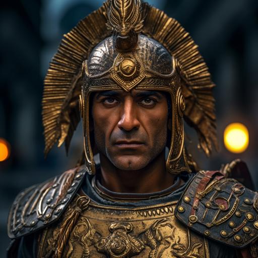 high fidelity, super photo realistic portrait of Human, indian man, middle-aged, general, legatus, warrior, mauryas armor, Centurion Helmet with Plume, wielding magical glowing golden spear, strong, arrogant, intense confident look at camera, roman columns in background, extremely detailed, 8k, v5