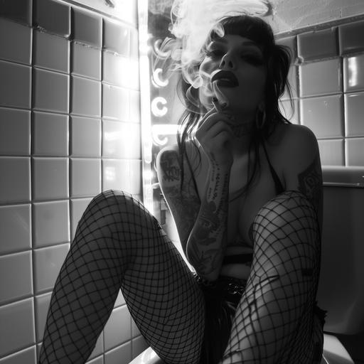 high key black and white fashion image of a woman smoking a cigarette. she is fully clothed, sitting on a toilet. wearing heavy makeup. she is wearing fishnet clothing decent, has tattoos and there is a bright neon sign behind her --v 6.0
