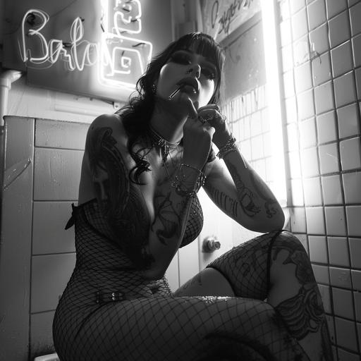 high key black and white fashion image of a woman smoking a cigarette. she is fully clothed, sitting on a toilet. wearing heavy makeup. she is wearing fishnet clothing decent, has tattoos and there is a bright neon sign behind her