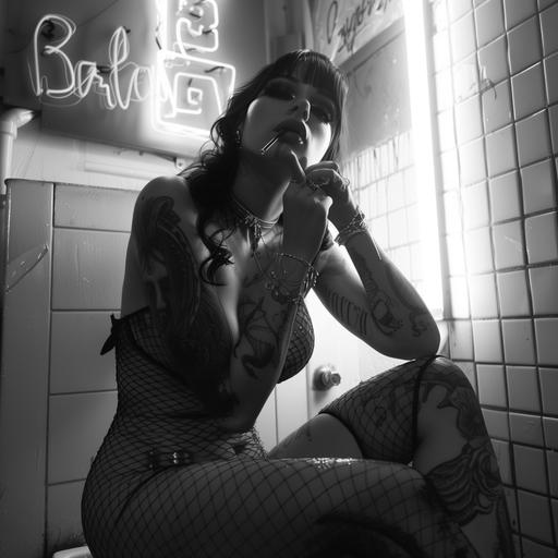 high key black and white fashion image of a woman smoking a cigarette. she is fully clothed, sitting on a toilet. wearing heavy makeup. she is wearing fishnet clothing decent, has tattoos and there is a bright neon sign behind her --v 6.0