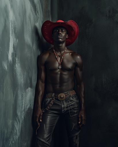 high key photo, full body picture of a slim black man wearing a red cowboy hat, dark wide leather pants and traditional african necklace in a dark navy hall, Hasselblad X1D, toplighting, beautiful. --ar 4:5 --v 6.0