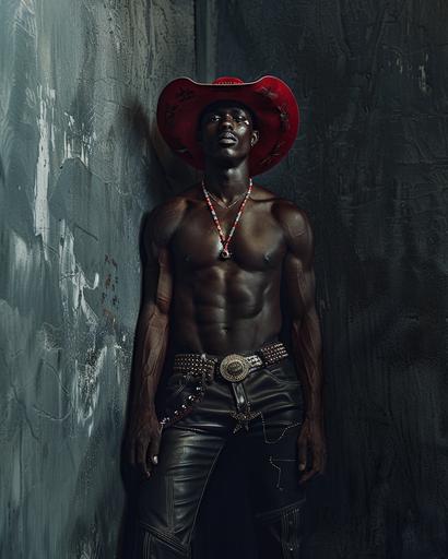 high key photo, full body picture of a slim black man wearing a red cowboy hat, dark wide leather pants and traditional african necklace in a dark navy hall, Hasselblad X1D, toplighting, beautiful. --ar 4:5