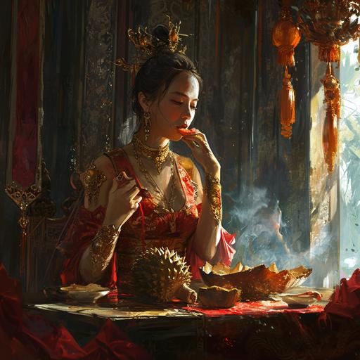 high priestess eating durian in the standing stomes altar --v 6.0