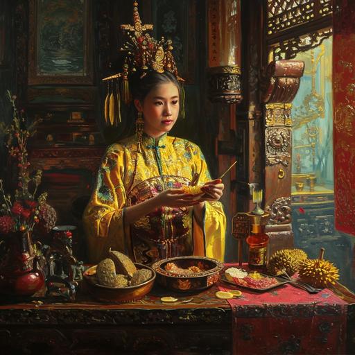 high priestess eating durian in the standing stomes altar --v 6.0