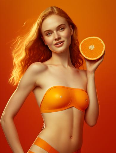 high production quality, sleek, product photo for an orange juice brand featuring an incredibly attractive, alluring, flirty, redhead teen girl temptress, long legs, wide hips, skin showing, wet, tight sheer clothing 🍊 🧃 --ar 17:22 --q 5 --stylize 1000 --chaos 100