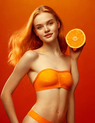 high production quality, sleek, product photo for an orange juice brand featuring an incredibly attractive, alluring, flirty, redhead teen girl temptress, long legs, wide hips, skin showing, wet, tight sheer clothing 🍊 🧃 --ar 17:22 --q 5 --stylize 1000 --chaos 100