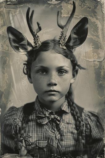 high quality Detailed ambrotype vintage National Geographic portrait, School girl with real looking small ears of a deer on her head . Style: 1850's tintype black and white portrait, Rob Kendrick, synthwave ambrotype. art by mierAI --ar 2:3 --v 6.0