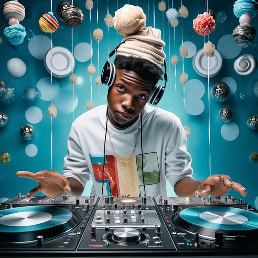 high quality photo of a young african american DJ with headphones on his head, he is touching a record on his DJ turntable. There is a disco ball hanging from a silver wire above his head. on the right side of his DJ turntable there are 2 vanilla ice cream cones and on the left side of his DJ turntable there are 2 tiffany blue ice cream cones. in the background behind him there are silver treble clef music notes flowing from a silver string from the ceiling