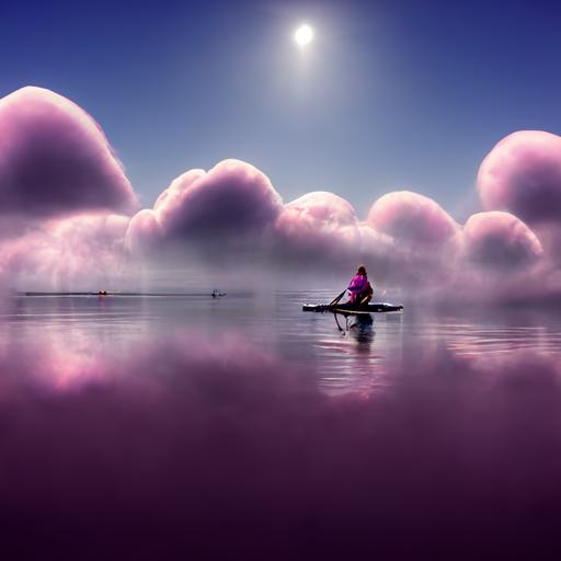 high quality rendering of a landscape,ocean withpink  clouds reflecting on it, a  woman standing on a kayak rowing, a layer of upper blue clouds , beautiful light clouds , mist, cinematic, a half moon, light purple soft lighting, 4K, surreal,—uplight