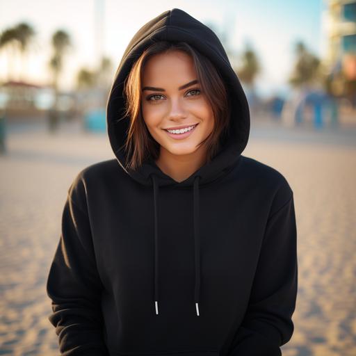 high qulity picture of young beautiful woman wearing black blank hoodie with no draw srtings , little bit smileing, happy, Santa Monica December, mockup