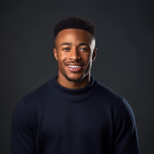 high res image of college aged african american male, portrait, realistic, shoulders up, dramatic light on face, warm lighting, realistic details, candid, Wearing crew neck sweater with shirt and tie underneath, welcoming, smile, smirk, confident, navy blue sweater, side profile angle