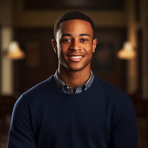 high res image of college aged african american male, portrait, hyper realistic, shoulders up, dramatic light on face, warm lighting, realistic details, candid, Wearing crew neck sweater with shirt and tie underneath, welcoming, smile, smirk, confident, navy blue sweater