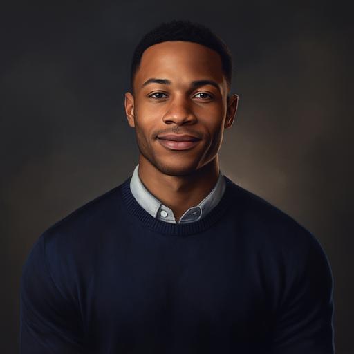 high res image of college aged african american male, portrait, realistic, shoulders up, dramatic light on face, warm lighting, realistic details, candid, Wearing crew neck sweater with shirt and tie underneath, welcoming, smile, smirk, confident, navy blue sweater