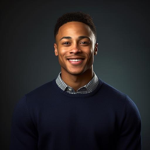high res image of college aged african american male, portrait, realistic, shoulders up, dramatic light on face, warm lighting, realistic details, candid, Wearing crew neck sweater with shirt and tie underneath, welcoming, smile, smirk, confident, navy blue sweater, forward facing, looking to the left