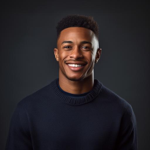 high res image of college aged african american male, portrait, realistic, shoulders up, dramatic light on face, warm lighting, realistic details, candid, Wearing crew neck sweater with shirt and tie underneath, welcoming, smile, smirk, confident, navy blue sweater, side profile angle