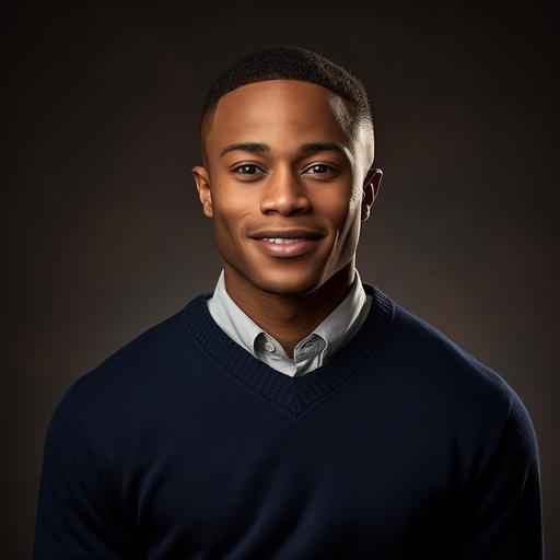 high res image of college aged african american male, portrait, realistic, shoulders up, dramatic light on face, warm lighting, realistic details, candid, Wearing crew neck sweater with shirt and tie underneath, welcoming, smile, smirk, confident, navy blue sweater, forward facing, looking to the left