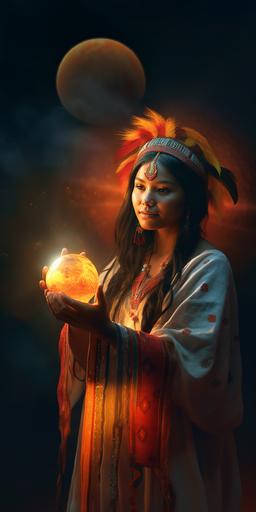 high resolution 4k award winning fantasy artwork of A stunningly gorgeous young traditional Apalachee Indian woman from northern Florida in a dark room carefully upholding in her hands a sun like orb that’s glowing vibrantly like the sun and brightly and dramatically illuminating her beautiful face with colors as she hands the sun like orb kindly to the viewer warmly smiling, her dress is very traditional Apalachee Indian style --v 5.0 --s 750 --ar 1:2